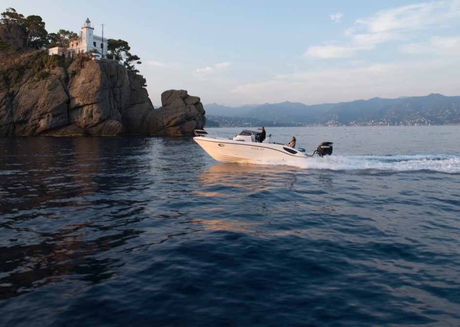 DF325A OUTBOARD anchored in a small white boat sailing in a peaceful water